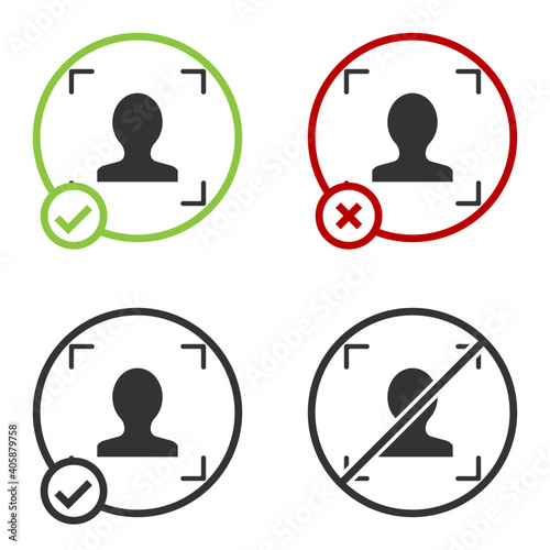 Black Face recognition icon isolated on white background. Face identification scanner icon. Facial id. Cyber security concept. Circle button. Vector.