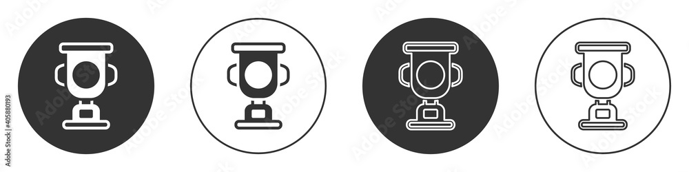 Black Award cup icon isolated on white background. Winner trophy symbol. Championship or competition trophy. Sports achievement sign. Circle button. Vector. Black Award cup icon isolated on white background. Winner trophy symbol. Championship or competition trophy. Sports achievement sign. Circle button. Vector.