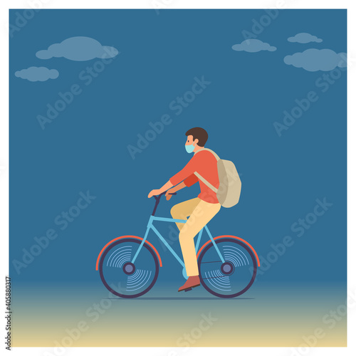 A man wearing a mask is riding a bicycle. He carries a backpack. The background is a picture of clear sky with clouds. Flat vector illustration.