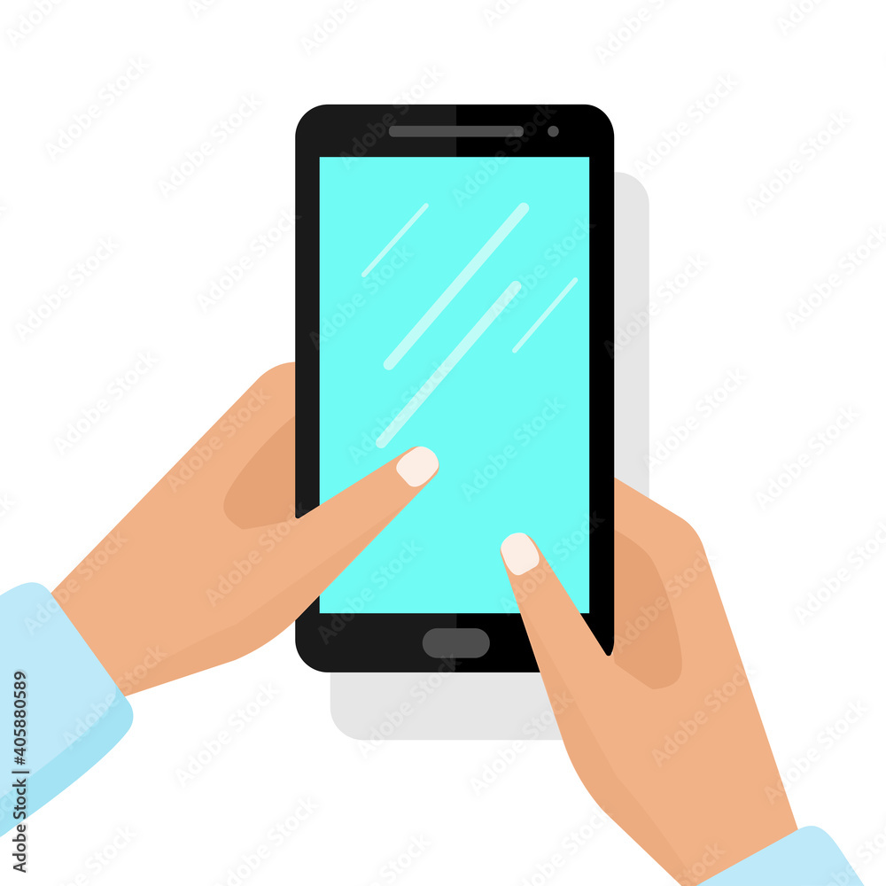 Hands holding a smartphone. Vector flat illustration. Hands holding a smartphone. Vector flat illustration.