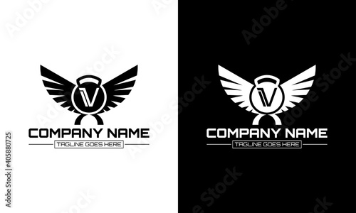 Barbell and wing logo design with the letter V concept.