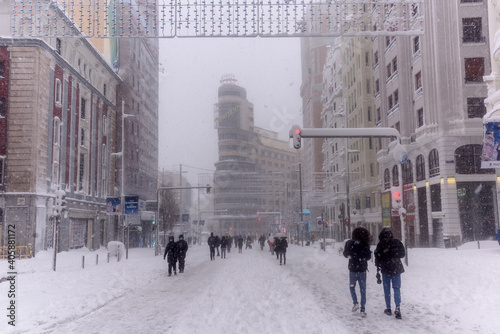 View of Gran Via street in Madrid covered by snow from the big snowstorm 
