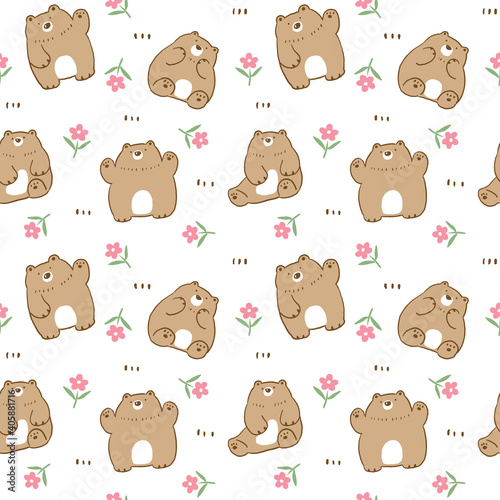 Seamless Pattern with Cartoon Bear and Flower Illustration Design on White Background