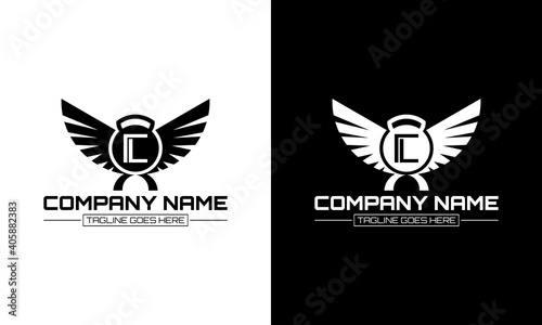 Barbell and wing logo design with the letter C concept.