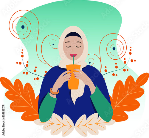 emirati arabic young muslim woman in the white beautiful hijab and abaya from united arab emirates faceless best islamic model drinking tae or coffee or fresh juice