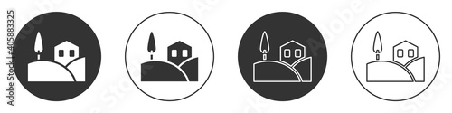 Black Village landscape icon isolated on white background. Circle button. Vector.