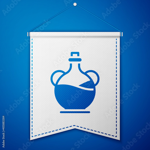 Blue Bottle of olive oil icon isolated on blue background. Jug with olive oil icon. White pennant template. Vector.