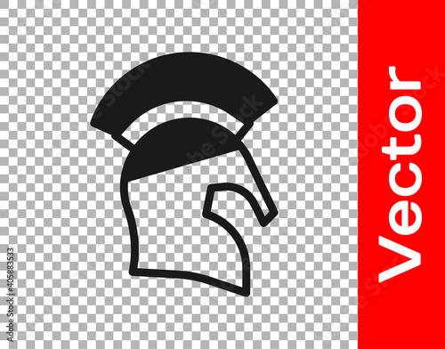 Black Greek helmet icon isolated on transparent background. Antiques helmet for head protection soldiers with a crest of feathers or horsehair. Vector.