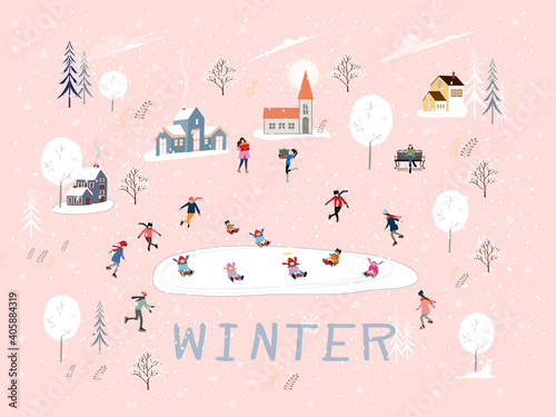 Winter village with people having fun doing outdoor activities on new year,Cute Vector  Christmas holidays with people celebration in small town, kid playing ice skates, teenagers skiing