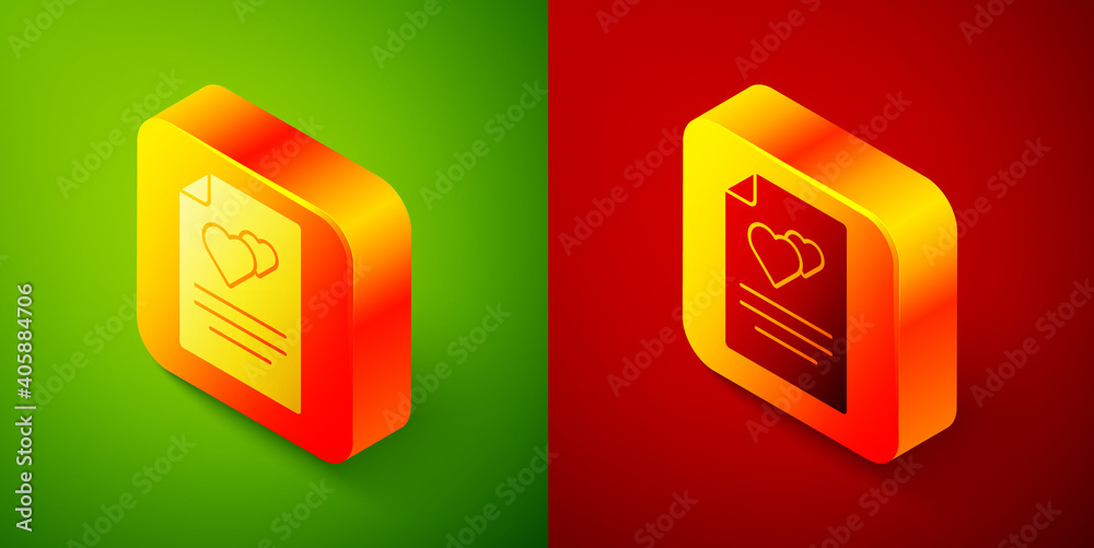 Isometric Greeting card icon isolated on green and red background. Celebration poster template for invitation or greeting card. Square button. Vector. Isometric Greeting card icon isolated on green and red background. Celebration poster template for invitation or greeting card. Square button. Vector.
