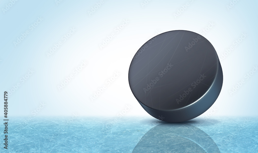 Fototapeta premium Hockey puck background on an ice rink with blank copy space as a winter team sport 
