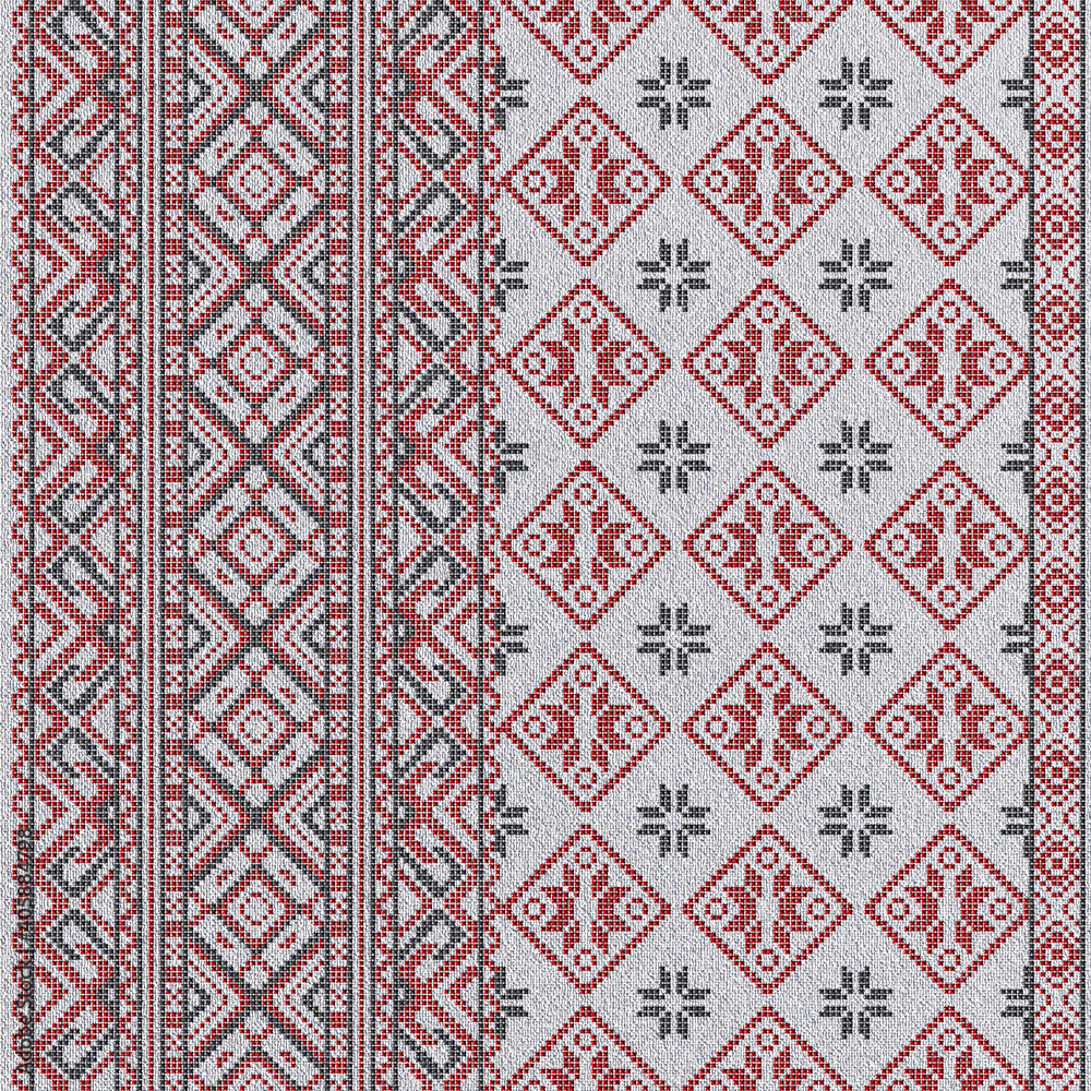 Embroidered good cross-stitch pattern for embroidery. Ukrainian ethnic ornament. ethnic handmade embroidery in pink color. 3D-rendering