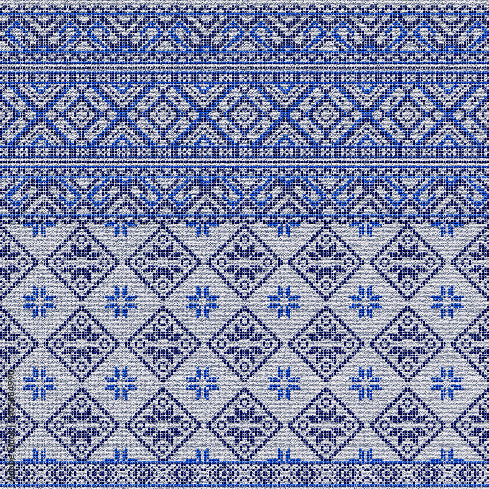 Embroidered good cross-stitch pattern for embroidery. Ukrainian ethnic ornament. ethnic handmade embroidery in blue color. 3D-rendering