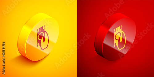 Isometric Fast payments icon isolated on orange and red background. Fast money transfer payment. Financial services, fast loan, time is money, cash back concept. Circle button. Vector.