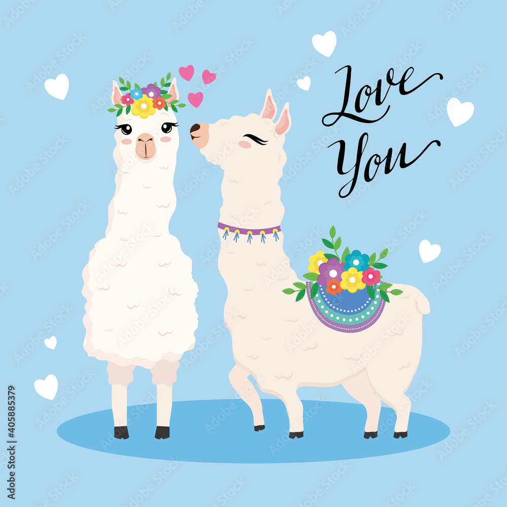 Fototapeta premium cute two alpacas exotic animals with flowers and lettering vector illustration design