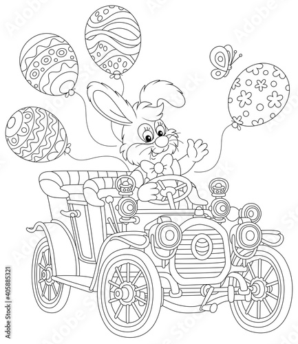 Little Easter Bunny friendly smiling, waving in greeting and driving a toy retro car decorated with holiday balloons, black and white outline vector cartoon illustration