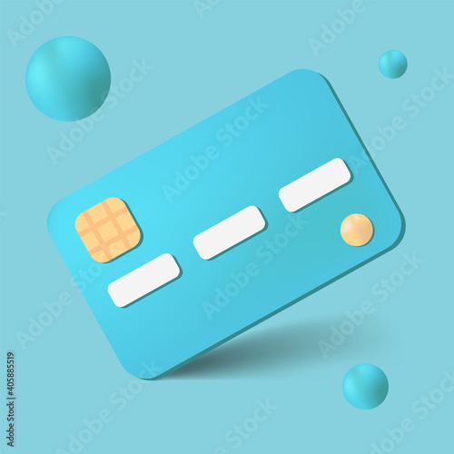 3d credit card vector with chip for business and finance. Realistic bank card mock up on blue background for cashless payment, detailed plastic for shopping