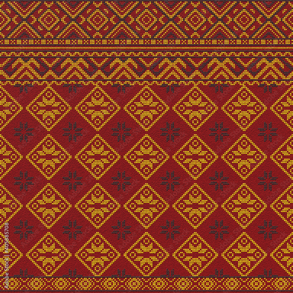 Embroidered good cross-stitch pattern for embroidery. Ukrainian ethnic ornament. ethnic handmade embroidery in red color. 3D-rendering Embroidered good cross-stitch pattern for embroidery. Ukrainian ethnic ornament. ethnic handmade embroidery in red color. 3D-rendering