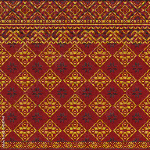 Embroidered good cross-stitch pattern for embroidery. Ukrainian ethnic ornament. ethnic handmade embroidery in red color. 3D-rendering