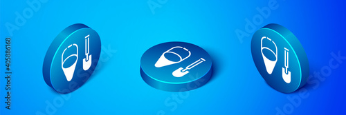 Isometric Fire shovel and cone bucket icon isolated on blue background. Blue circle button. Vector.