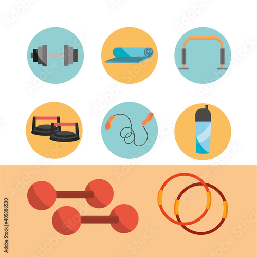 gym sport equipment icons collection barbell dummbell weight in flat style photo