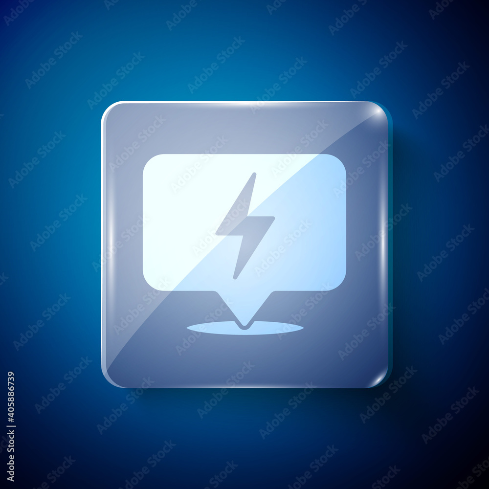 White Lightning bolt icon isolated on blue background. Flash icon. Charge flash icon. Thunder bolt. Lighting strike. Square glass panels. Vector. White Lightning bolt icon isolated on blue background. Flash icon. Charge flash icon. Thunder bolt. Lighting strike. Square glass panels. Vector.