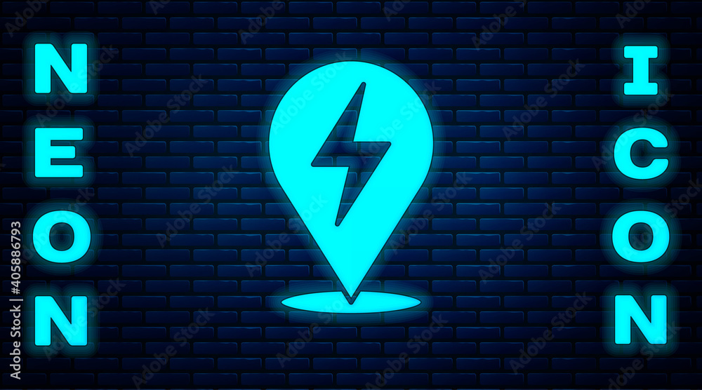Glowing neon Lightning bolt icon isolated on brick wall background. Flash icon. Charge flash icon. Thunder bolt. Lighting strike. Vector. Glowing neon Lightning bolt icon isolated on brick wall background. Flash icon. Charge flash icon. Thunder bolt. Lighting strike. Vector.