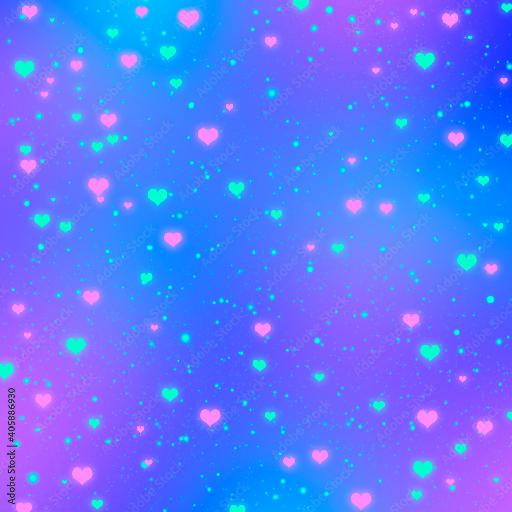 Abstract blurred blue and purple gradient background with glowing turquoise and pink hearts. Vivid Valentines day background