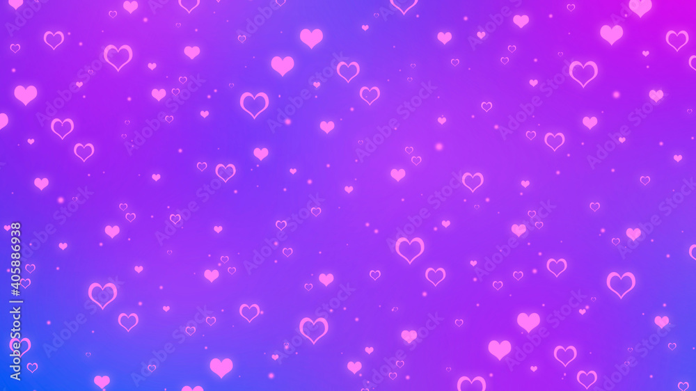 Abstract blurred blue and purple gradient background with glowing pink hearts. Vivid Valentines day background