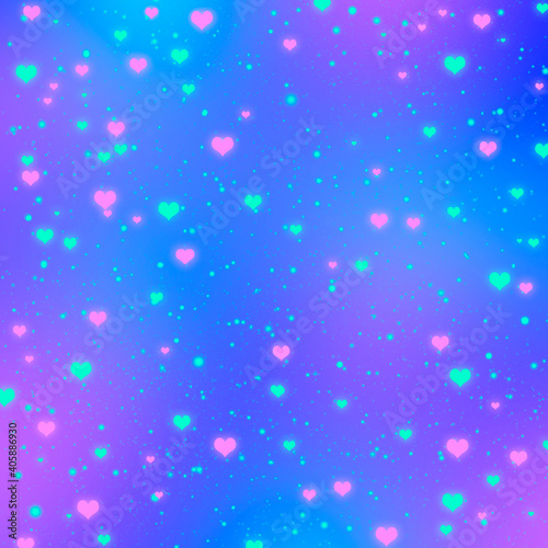 Abstract blurred blue and purple gradient background with glowing turquoise and pink hearts. Vivid Valentines day background