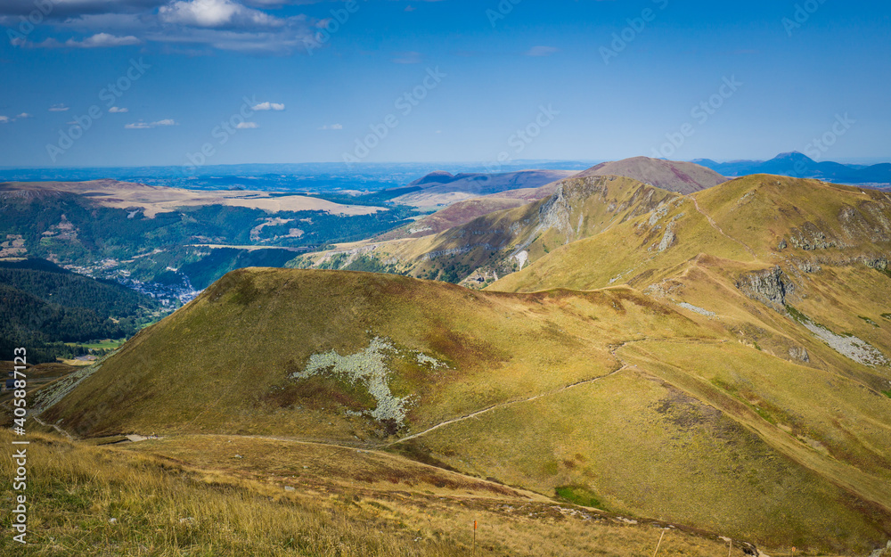 View of the nature and the landscape on top of Puy de Sancy volcano, the highest peak in Auvergne, France