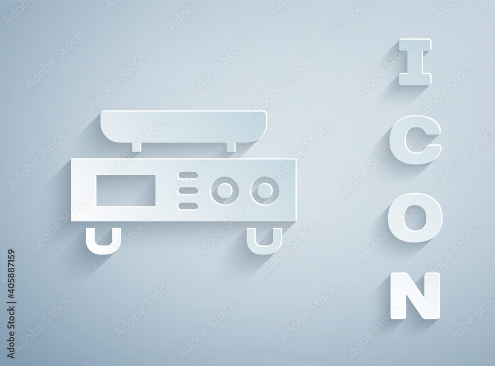 Paper cut Electronic scales icon isolated on grey background. Weight measure equipment. Paper art style. Vector. Paper cut Electronic scales icon isolated on grey background. Weight measure equipment. Paper art style. Vector.