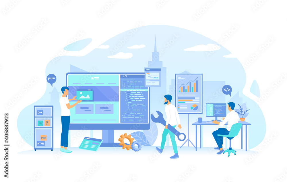 Team of web developers working on computer, building site, programming code. Website Development, Programming, Optimization. Vector illustration flat style.