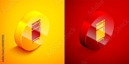 Isometric Refrigerator icon isolated on orange and red background. Fridge freezer refrigerator. Household tech and appliances. Circle button. Vector.
