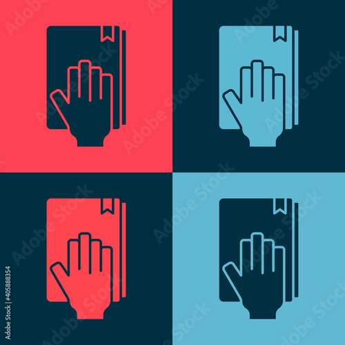 Pop art Oath on the Holy Bible icon isolated on color background. The procedure in court. Truth and truth. Promise before god. Vector.