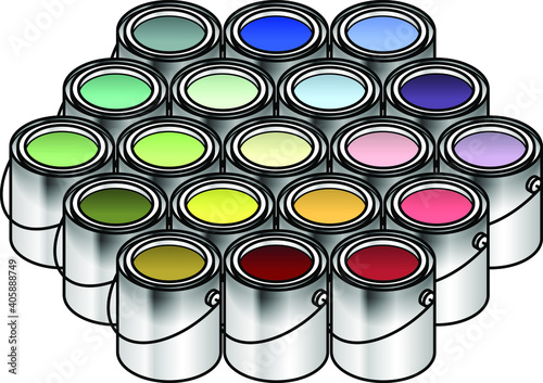 A collection of colourful paint in metal tins.