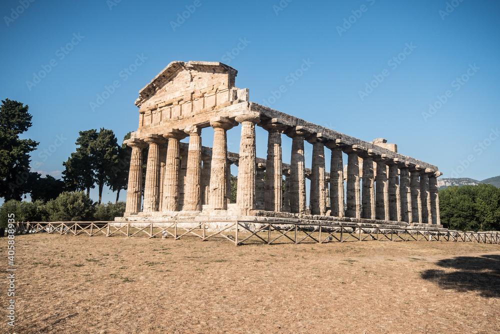 View of the Temple of Hera I in Paestum, Italy.