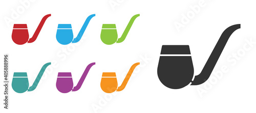 Black Smoking pipe with smoke icon isolated on white background. Tobacco pipe. Set icons colorful. Vector.