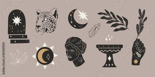 Silhouette illustration with ancient stuff and doodle objects. Vector illustration.