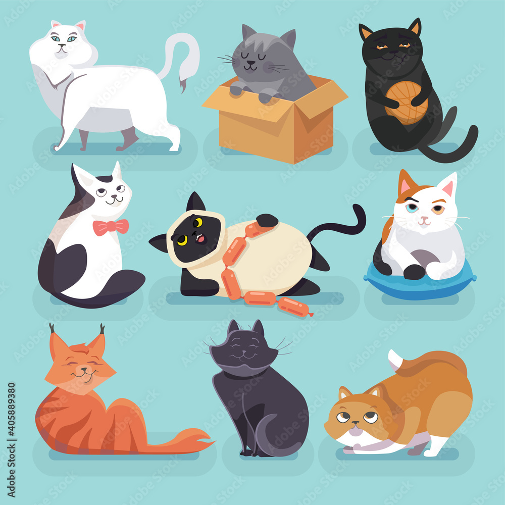 Set of 9 beautiful colored trendy cartoon cats. Different breeds. They are playing, having rest, interested in something. Isolated on a blue background, vector illustration. Set of 9 beautiful colored trendy cartoon cats. Different breeds. They are playing, having rest, interested in something. Isolated on a blue background, vector illustration.