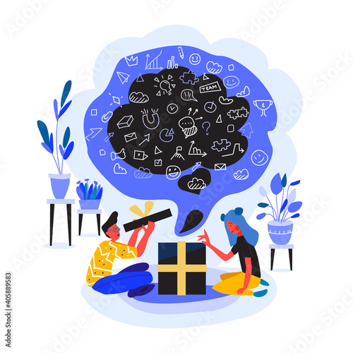 Young girl and boy are opening a large black gift box with a lot of little doodles in it. Concept of unboxing of parcel, gift or present. Completed flat cartoon vector illustration.