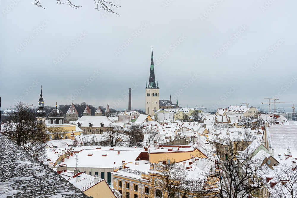 Obraz premium Estonia. Tallinn. January 14, 2021. Red tiled roofs, spiers and towers in the old city. Medieval architecture of the Baltics. Winter, urban landscape. Panorama of the city.