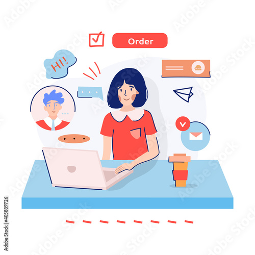 Food delivery girl taking an order over the internet during quarantine. Order process concept. Support service theme. Vector cartoon colored flat illustration. Banner, website design.