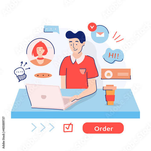 Food delivery boy taking an order over the internet during quarantine. Order process concept. Support service theme. Vector cartoon colored flat illustration. Banner, website design or web page
