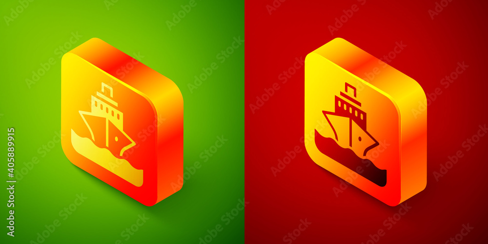 Isometric Cruise ship icon isolated on green and red background. Travel tourism nautical transport. Voyage passenger ship, cruise liner. Worldwide cruise. Square button. Vector. Isometric Cruise ship icon isolated on green and red background. Travel tourism nautical transport. Voyage passenger ship, cruise liner. Worldwide cruise. Square button. Vector.