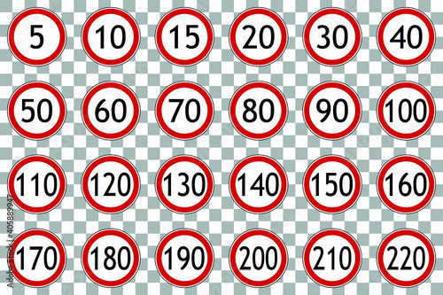 Speed limit sign set red and white transparent