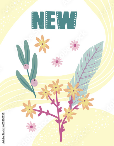 Vector Set of different plants isolated on white. Flowers and leaves collection for creating branding projects, logos, handmade craft items, web pages, magazine illustrations,