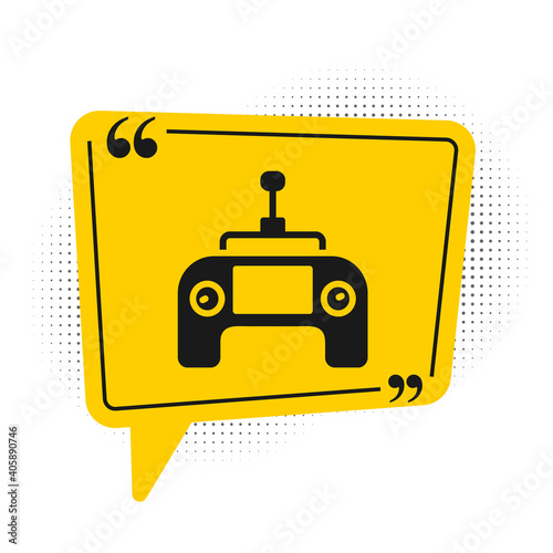 Black Drone radio remote control transmitter icon isolated on white background. Yellow speech bubble symbol. Vector.