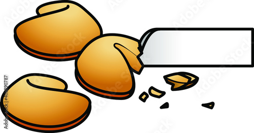Three fortune cookies with one cracked open to reveal the fortune slip. Add you own text!