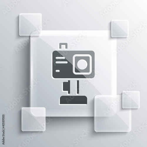 Grey Action extreme camera icon isolated on grey background. Video camera equipment for filming extreme sports. Square glass panels. Vector.